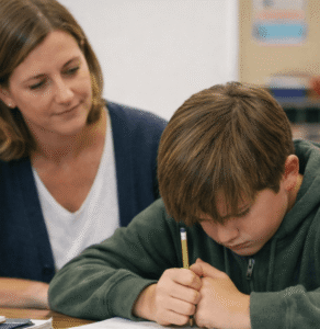 Classroom teacher seated beside a student during independent work, offering academic support