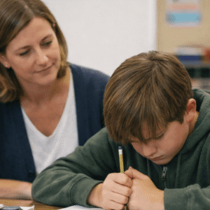 Classroom teacher seated beside a student during independent work, offering academic support