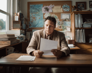 Male school principal at a wooden desk reading a report on educator injuries and staff retention.