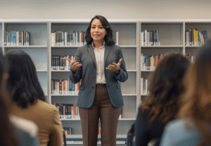 Teacher safety training session in a school library with adult educators seated in rows listening to a presenter at the front of the room.
